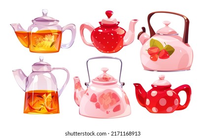 Cute teapots. Kitchen tools, cartoon teapot or kettle decorative ceramic. Household elements, isolated modern coffee tea exact vector set. Illustration kettle and tea pot, dishware to drink tea