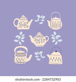 Cuestas teteras. Herramientas de cocina, tetera de dibujos animados o cerámica decorativa de hervidor de agua. Un conjunto de elementos de la ceremonia del té de estilo plano dibujado a mano. Conjunto vectorial elegante.