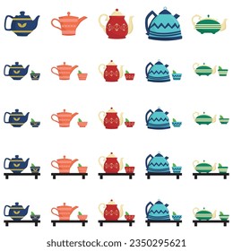 Cute teapots. Kitchen tools, cartoon teapot or kettle decorative ceramic. Householding elements, isolated modern coffee tea exact vector set