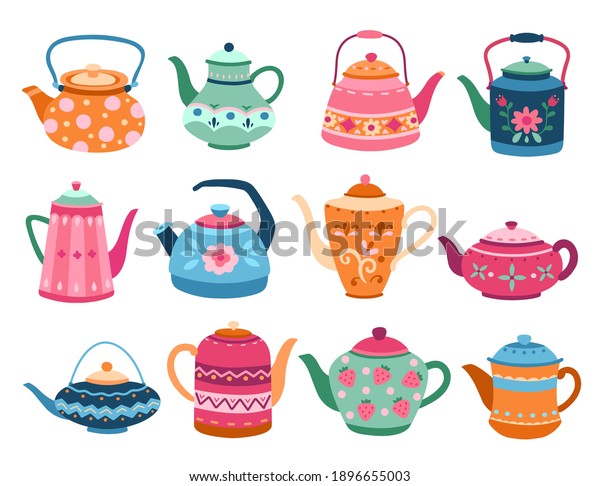 Cute teapots. Kitchen tools, cartoon teapot or\
kettle decorative ceramic. Householding elements, isolated modern\
coffee tea exact vector\
set