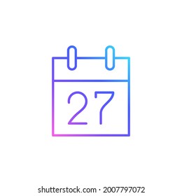 Cute tear-off calendar with 27 date vector icon in trendy minimalist style. Tear-off calendar isolated on white background. Line art.Trendy vibrant color gradient. 