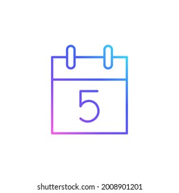 Cute tear-off calendar with 5 date vector icon in trendy minimalist style. Tear-off calendar isolated on white background. Line art.Trendy vibrant color gradient. 