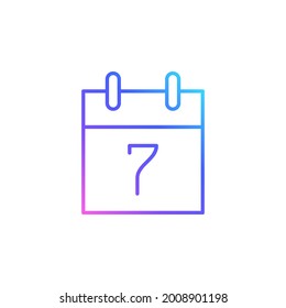 Cute tear-off calendar with 7 date vector icon in trendy minimalist style. Tear-off calendar isolated on white background. Line art.Trendy vibrant color gradient. 