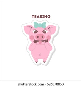 Cute teasing pig. Isolated sticker on white background.