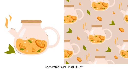 Cute teatime pattern. Glass teapot with fruit