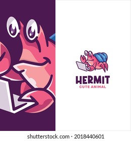 Cute Techy Hermit Holding A Laptop Logo Template