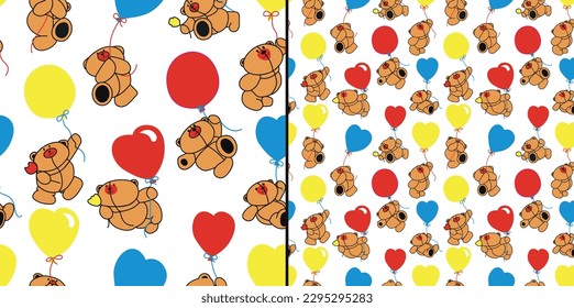 Cute teddies bear flying with balloon seamless pattern design