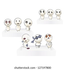  Cute teddies on three white shelves. Vector design.