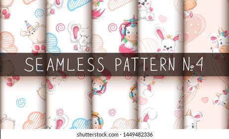 Cute teddy animals - seamless pattern. Hand draw