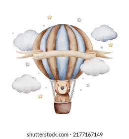 cute teddy bear and air balloon watercolor illustration for baby and kids with isolated background