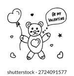 A cute teddy bear with an air heart and a speech bubble asks to be his Valentine. Simple hand-drawn illustration for a valentine, children