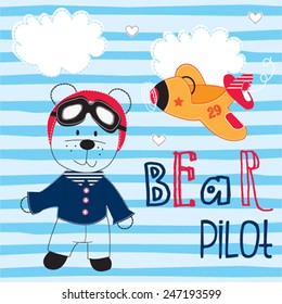 cute teddy bear airplane pilot striped background vector illustration