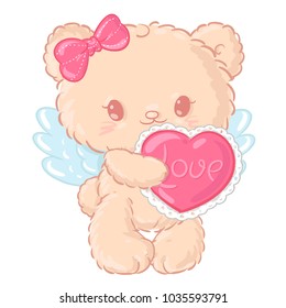 Cute teddy bear angel with a heart. Greeting card.