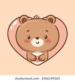 Cute teddy bear in Asian kawaii style for valentines day. Cartoon character Funny vector illustration for stickers, logo, mascot, isolated elements