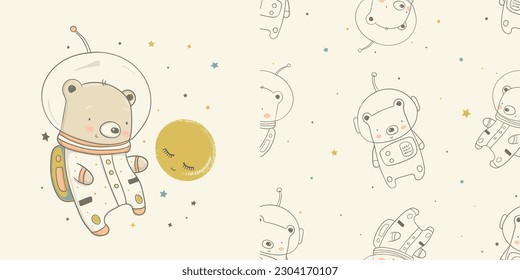 Cute Teddy Bear Astronaut poster with Bears Astronaut Seamless pattern. Cartoon hand drawn vector illustration.