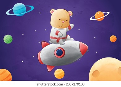 Cute teddy bear Astronaut A rocket flying in outer space