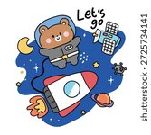 Cute teddy bear astronaut wearing space suit floating in the galaxy with rocket, satellite and planets. Let