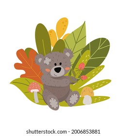 Cute teddy bear with autumn leaves and mushrooms. Vector garphic on a white background. For the design of postcards, posters, prints for mugs, t-shirts, notebook covers, pillows.