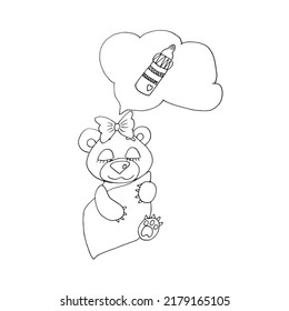 Cute teddy bear baby, bottle, pacifier. Coloring book. Doodle illustration. Premium vector. Hand drawing. Children's coloring book.
