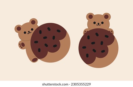 Cute Teddy Bear baby with chocolate cookie isolated. Funny character. Poster, print, template. Vector illustration.