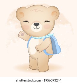 Cute Teddybär und Rucksack, handgezeichnet