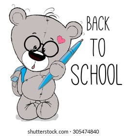 Cute Teddy Bear with backpack and pencil