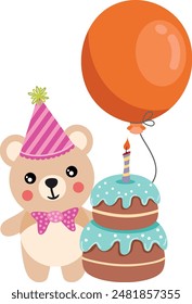 Cute teddy bear with balloon and happy birthday cake