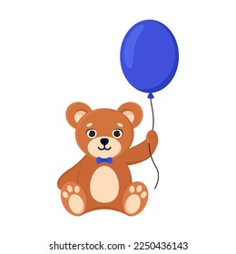 Cute teddy bear with balloon in his paw, cartoon character vector illustration. Comic bear with blue elements for scrapbook or decoration, baby gender reveal isolated on white