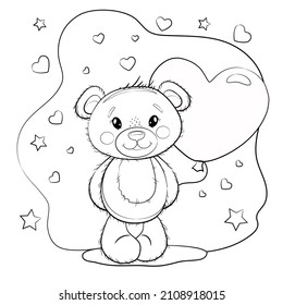 Oso de peluche con un globo en forma de corazón. Oso de peluche sobre fondo blanco con corazones. Ilustración vectorial - libro de colorear para el Día de San Valentín o cumpleaños.