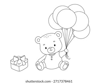 Cute teddy bear with balloons and gift box, hand drawn childish line illustration isolated on white background for coloring book for children