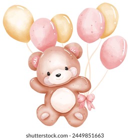 Lindo osito de peluche con globos. Ilustración vectorial dibujada a mano