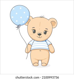 Cute teddy bear with balloons in his hands. Vector illustration of a cartoon.