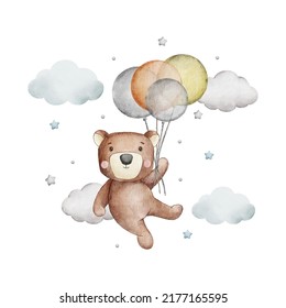 Cute Teddy Bear And Balloons Watercolor Illustration For Baby And Kids With Isolated Background