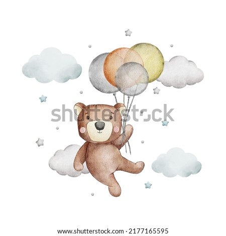 cute teddy bear and balloons watercolor illustration for baby and kids with isolated background