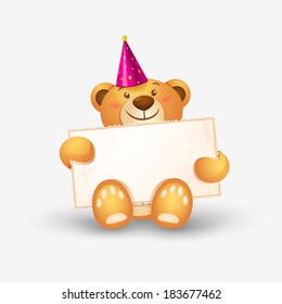 Cute teddy bear with a banner in the legs, template greeting card
