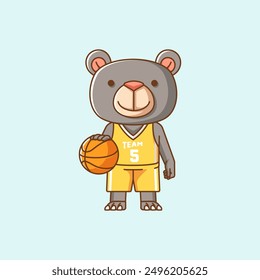 Lindo oso de peluche jugador de baloncesto juego de canasta kawaii chibi personaje mascota ilustración esquema estilo conjunto de diseño