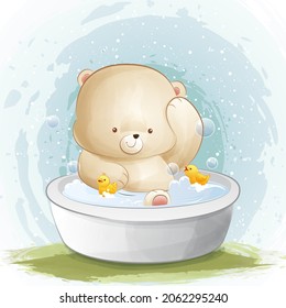 Cute teddy bear in bath watercolor animals illustration Isolated on white background, for cover book, print, baby shower, nursery decorations, birthday invitations, poster, greeting card
