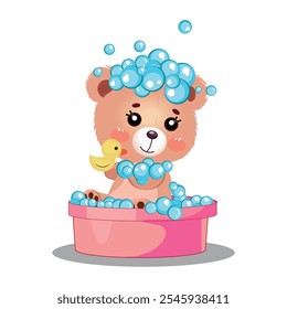 cute teddy bear bathing in a basin or bathtub full of soap bubbles and foam. vector illustration.