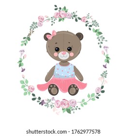 Cute teddy bear with a beautiful bow in a dress and with an oval frame of roses