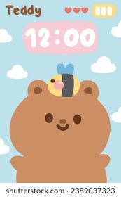 Cute teddy bear with bee on blue pastel background.Phone screen wallpaper.Wild animal character cartoon design.Sky and cloud.Image for card,poster,sticker.Kawaii.Vector.illustration.