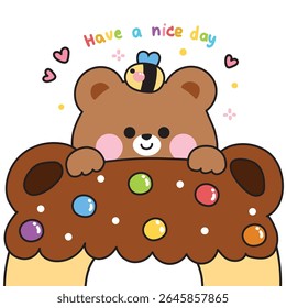 Cute teddy bear with bee stay on candy chocolate flavor donut.Sweet and dessert.Bakery.Have a nice day.Heart.Wild animal character cartoon design.Kawaii.Vector.Illustration.