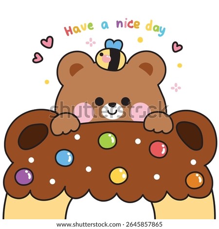 Cute teddy bear with bee stay on candy chocolate flavor donut.Sweet and dessert.Bakery.Have a nice day.Heart.Wild animal character cartoon design.Kawaii.Vector.Illustration.