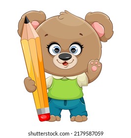 Cute Teddy Bear With Big Pencil. Funny Cartoon Character Going To School. September 1. Back To School Concept.