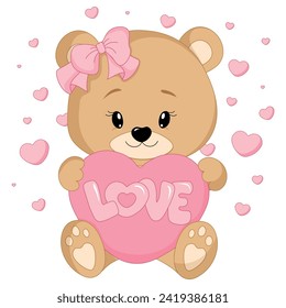 Cute teddy bear with a big pink heart isolated on a transparent background. Happy Valentine's Day. Vector illustration.