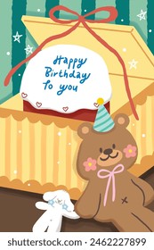 un osito de peluche lindo con un gran pastel de cumpleaños rojo en la caja de regalo en el fondo verde y rojo, ilustración de la decoración de la tarjeta de cumpleaños feliz	
