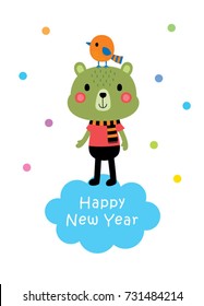 cute teddy bear and bird happy new year greeting