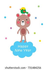 cute teddy bear and bird happy new year greeting