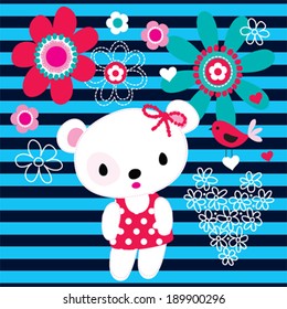 cute teddy bear with bird striped background vector illustration