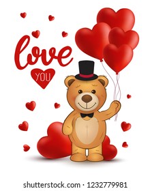 Cute teddy bear in black hat with red heart ballons. Love. Happy Valentines day. 