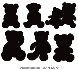 Cute teddy bear black silhouette seamless pattern on a white background ideal for children décor and fabric designs. Teddy Silhouette: Cute Bear Icon, Childhood Symbol, Flat Vector.